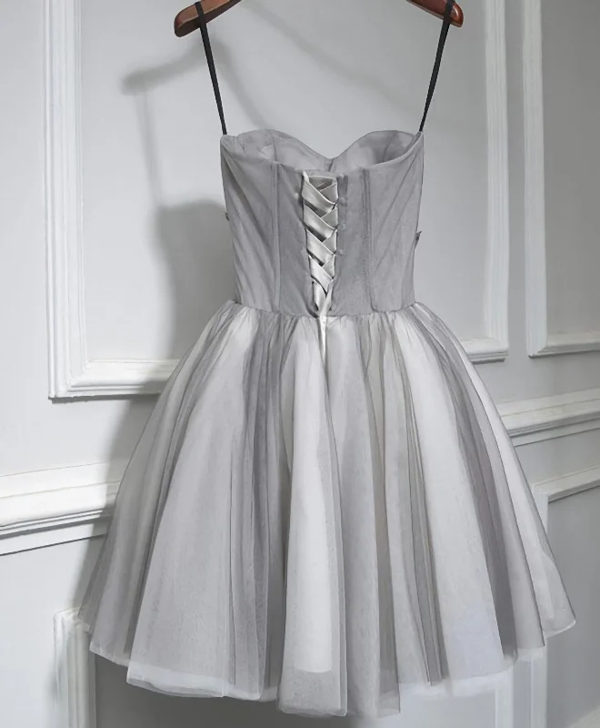 Gray Tulle Short A Line Prom Dress, Homecoming Dress Tulle Dress Sparkling