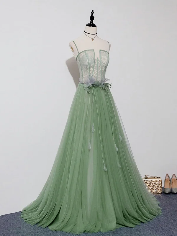 Green Tulle Lace Long Prom Dress, Green Tulle Evening Dress, 3 Tulle Dress Glam