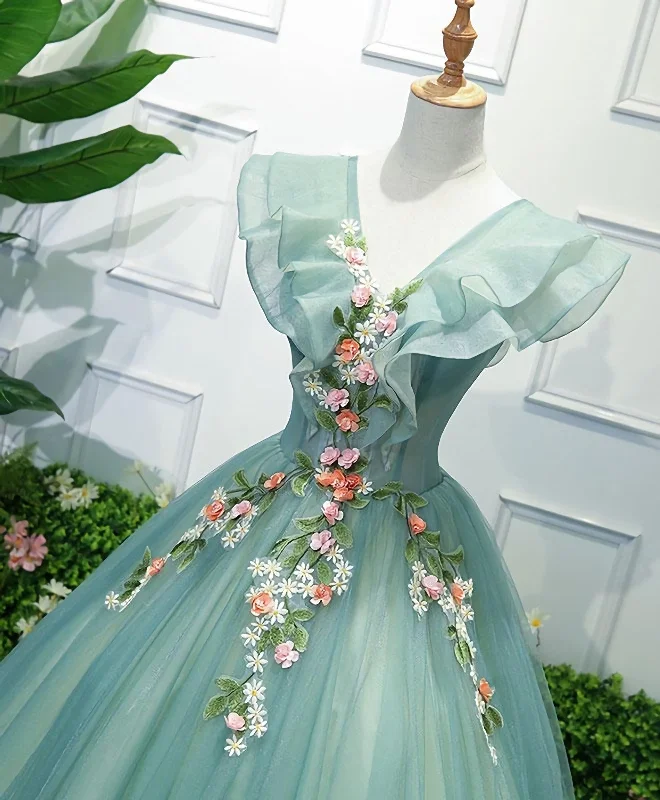 Green V Neck Tulle Long Prom Dress, Green Evening Dress Tulle Dress Soft
