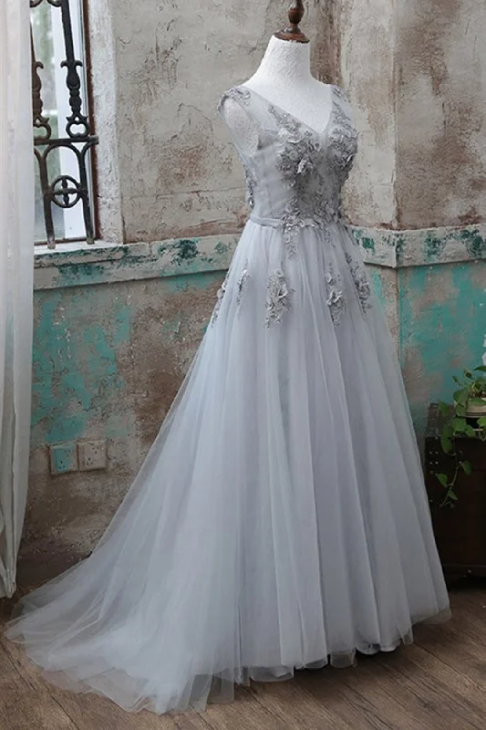 Grey V-Neckline Tulle With Lace Long Formal Dress, Grey A-Line Prom Dress Tulle Wedding Dress