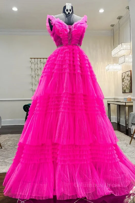 Hot Pink Tulle Long Corset Prom Dresses, Hot Pink Long Corset Formal Graduation Dresses outfit Tulle Party Dress
