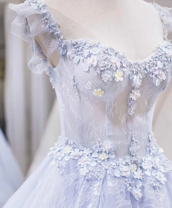 Light Blue Tulle Lace Long Prom Dress, Blue Evening Dress Short Tulle Dress
