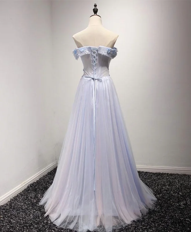 Light Blue Tulle Lace Long Prom Dress, Lace Evening Dress Tulle Dress Flow