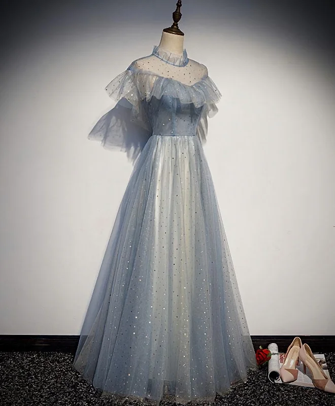 Light Blue Tulle Lace Long Prom Dress, Tulle Evening Dress Soft Layered Tulle