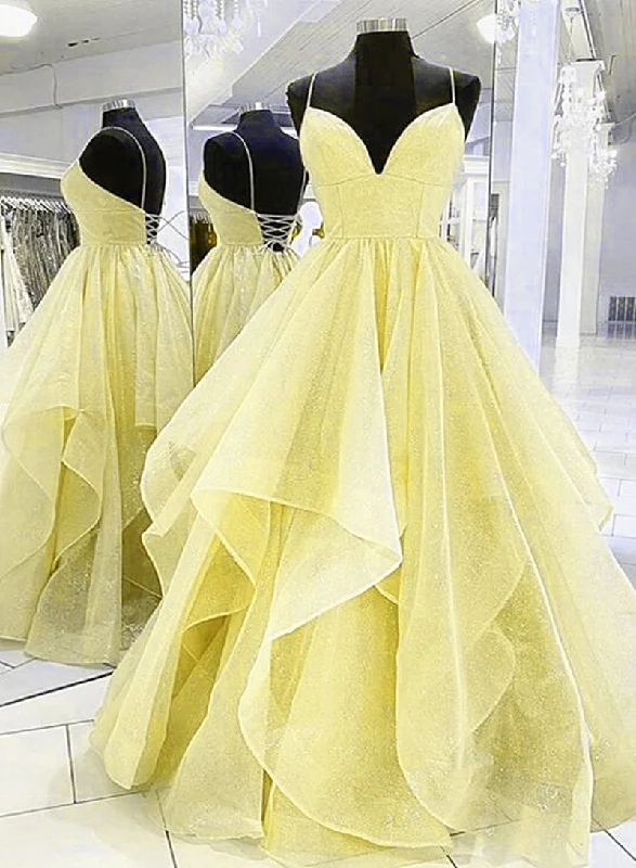 Light Yellow Tulle Straps Long Prom Gown, Lace-Up Tulle Evening Dresses Sparkling Tulle Dress