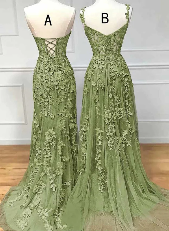 Lovely Sage Green Tulle With Lace Long Formal Dress, Sweetheart Prom Dress Long Sleeve Tulle