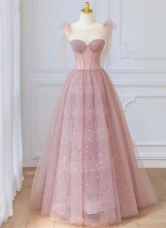 Lovely Shiny Tulle Pink Round Long Formal Dress, Pink Tulle Prom Dress Tulle Dress Set