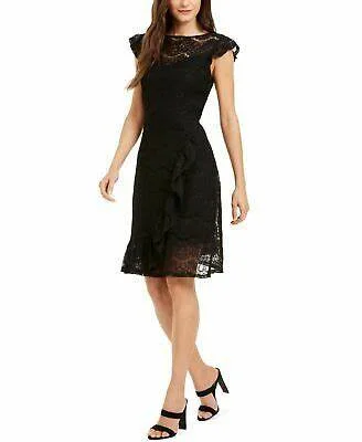 Monteau Women's Ruffled Lace Dress Black Size PM Lace Dress for Women