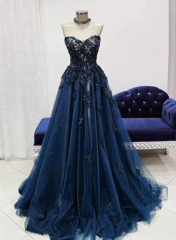 Navy Blue Tulle With Lace Sweetheart Long Formal Dress, Blue Long Prom Dress Tulle Cocktail Dress