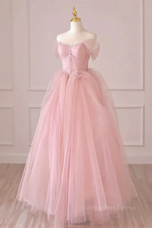 Off the Shoulder Pink Tulle Corset Prom Dresses, Pink Tulle Long Corset Formal Graduation Dresses outfit Tulle Dress Party