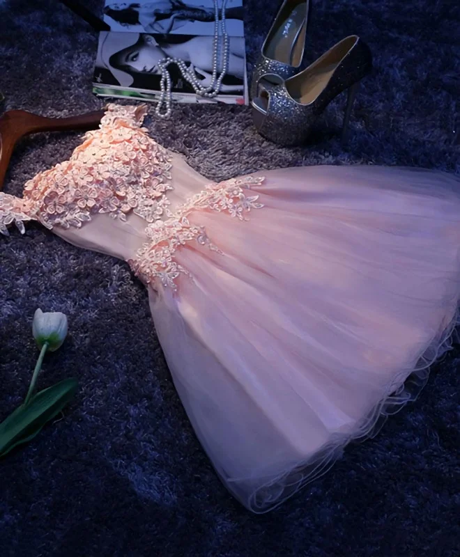 Pink A Line Tulle Lace Short Prom Dress, Homecoming Dress Soft Tulle Gown