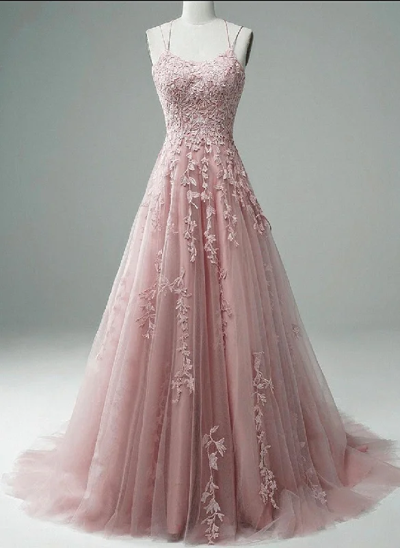 Pink Scoop Tulle Straps With Lace Long Prom Dress, Pink A-Line Formal Dress Chic Tulle Dress
