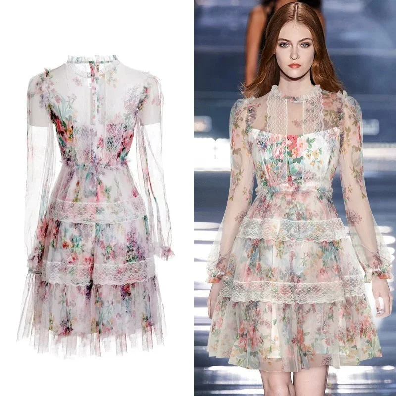 Runway women knee length dresses Luxury Lace Ruched High Quality Mesh Dresses Lace Dress Vibe