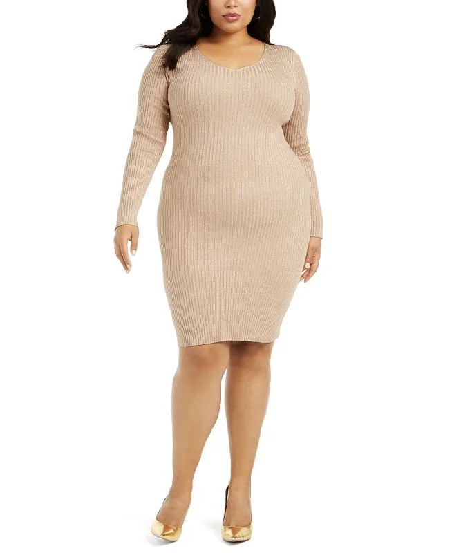 Planet Gold Women's Plus Metallic Lace up Sweaterdress Brown Size 1X Lace Bodycon Dress