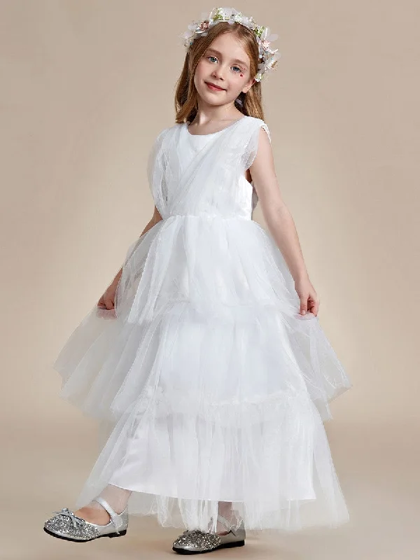 Princess Style Layered Cake Long Tulle Flower Girls Dress Elegant Tulle Dress