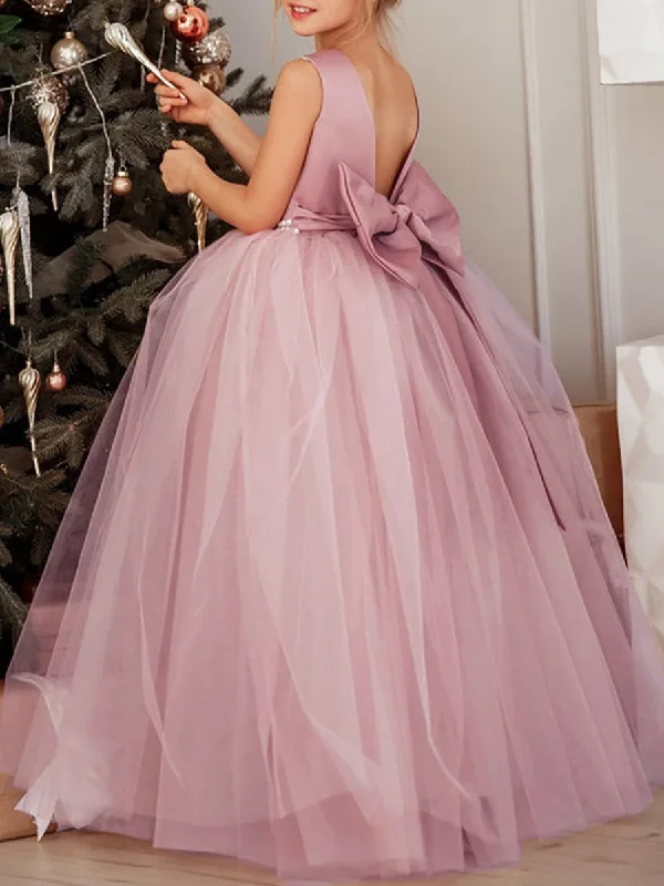 Satin Beaded Tulle Princess Flower Girl Dress With Back Bow Tulle Dress Sleek
