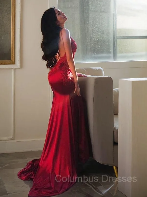 Sheath/Column Spaghetti Straps Sweep Train Silk like Satin Evening Dresses With Appliques Lace Lace Dress Deep V Sheath/Column Spaghetti Straps Sweep Train Silk like Satin Evening Dresses With Appliques Lace Lace Dress Deep V