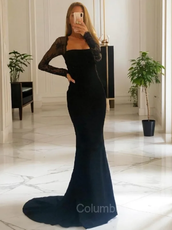Sheath/Column Square Sweep Train Stretch Crepe Corset Prom Dresses With Lace Outfits Modern Lace Dress