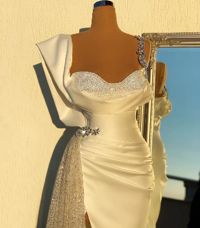 Simple White Long Mermaid Spaghetti Straps Beading Tulle Prom Dress With Slit Classic Tulle Dress
