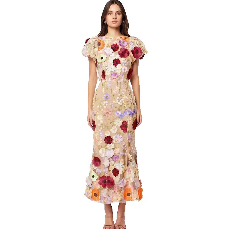 Light Luxury Round Neck Embroidered Mesh Lace 3D Flower Dress Lace Dress Perfect
