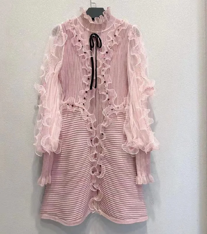 Top Quality Knitted Ruffle Lace Beading Deco Long Sleeve Pink Red Dress Tiered Lace Dress