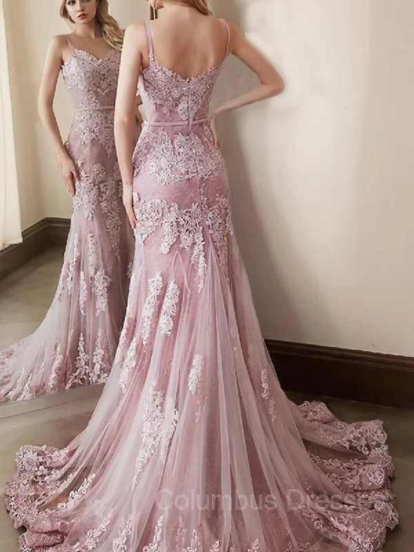 Trumpet/Mermaid Spaghetti Straps Sweep Train Lace Evening Dresses With Appliques Lace Lace Dress Lace Trumpet/Mermaid Spaghetti Straps Sweep Train Lace Evening Dresses With Appliques Lace Lace Dress Lace