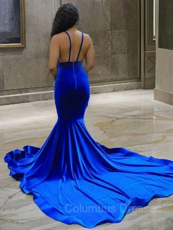 Trumpet/Mermaid V-neck Court Train Elastic Woven Satin Prom Dresses With Appliques Lace Lace Gown Glam