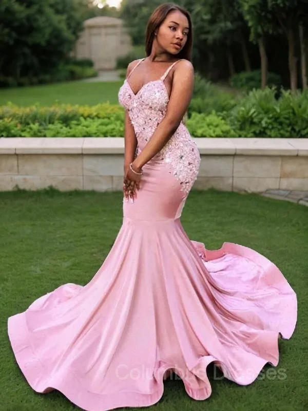 Trumpet/Mermaid V-neck Sweep Train Silk like Satin Prom Dresses With Appliques Lace Lace Dress for Weddings
