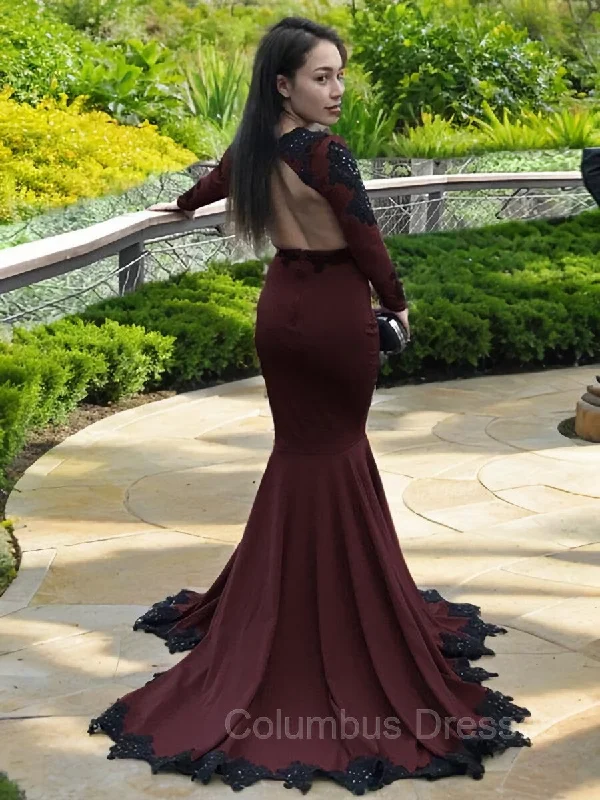 Trumpet/Mermaid V-neck Sweep Train Stretch Crepe Prom Dresses With Appliques Lace Off-the-shoulder Lace