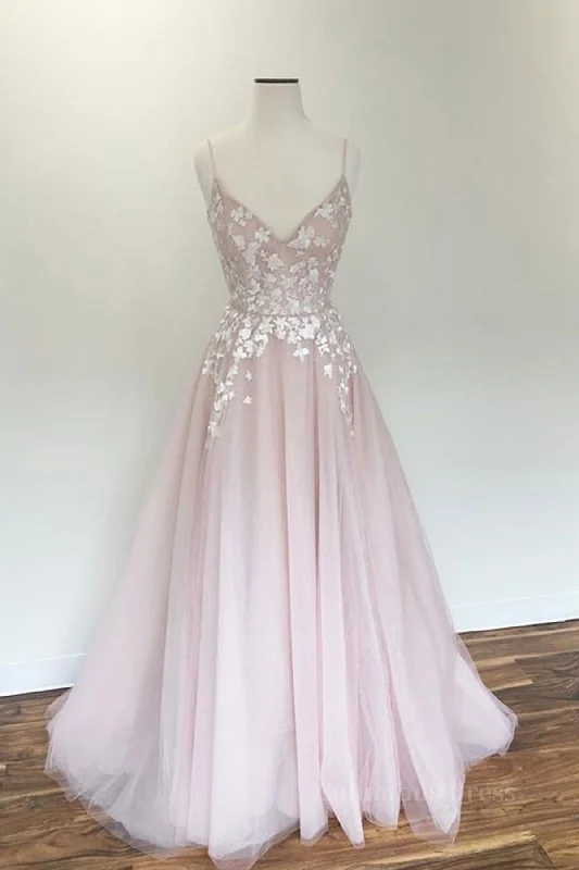 V Neck Light Pink Tulle Lace Corset Prom Dresses, Light Pink Tulle Lace Corset Formal Evening Dresses outfit Tulle Evening Gown