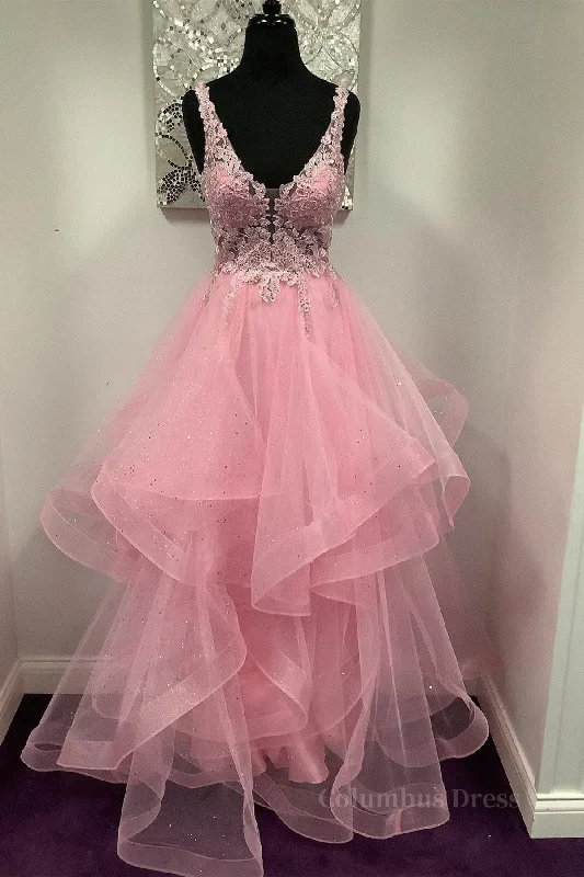V Neck Open Back Pink Lace Puffy Tulle Long Corset Prom Dresses, Pink Lace Corset Formal Dresses, Pink Evening Dresses outfit Tulle Dress Layers V Neck Open Back Pink Lace Puffy Tulle Long Corset Prom Dresses, Pink Lace Corset Formal Dresses, Pink Evening Dresses outfit Tulle Dress Layers