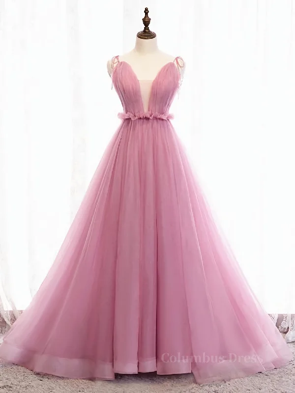 V Neck Pink Tulle Corset Prom Dresses with Train, Pink Long Corset Formal Evening Graduation Dresses outfit Pink Tulle Dress