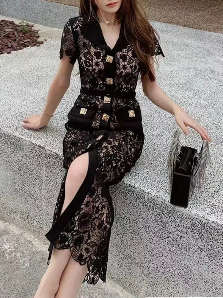 Vintage Black Lace Dress Lace Fit-and-Flare