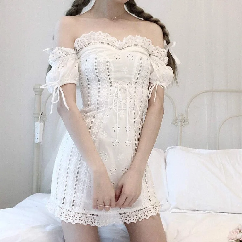 White Flower Lace Shoulder-less Dress SD00096 Lace Dress Day