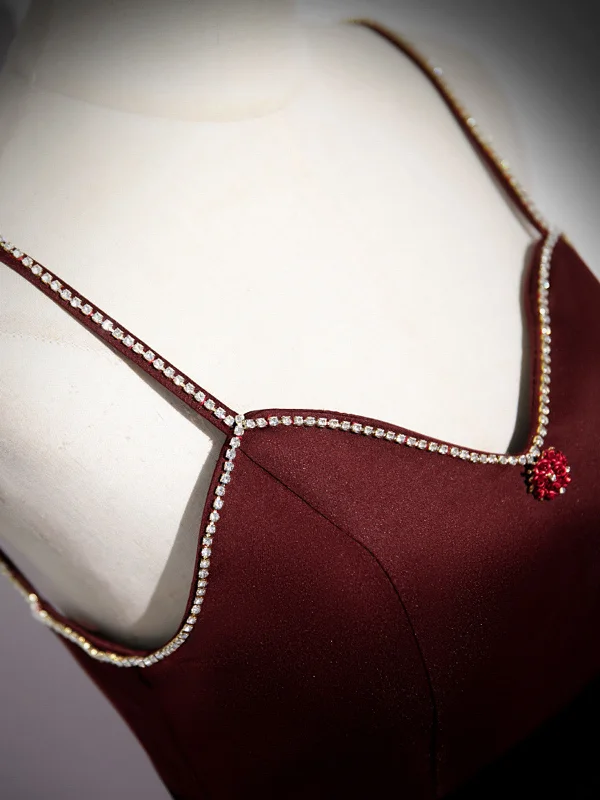 Wine Red Straps Beaded Sweetheart Tulle Formal Dress, Wine Red A-Line Prom Dress Sexy Tulle Dress