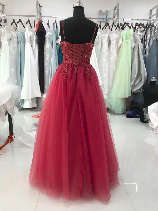 Wine Red Tulle Straps Lace Applique Long Formal Dress, Wine Red Prom Dress Tulle Ball Gown