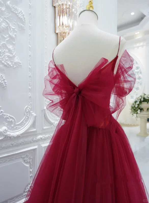 Wine Red Tulle V-Neckline Off Shoulder With Bow, Wine Red Tulle Long Prom Dress Sequin Tulle Dress
