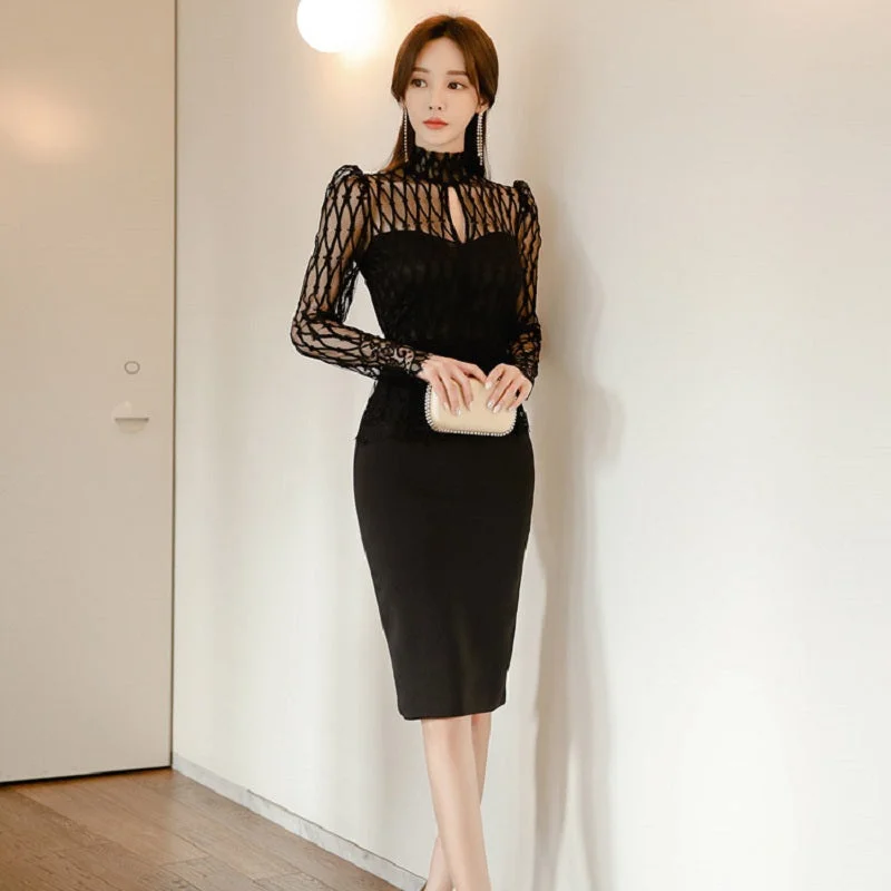 Women's Summer High-Waist Lace Patchwork Sheath Dress Lace Shift Dress
