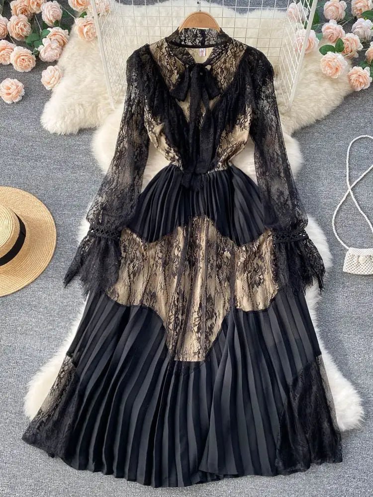 Black Lace Bow Collar Elegant Hollow Out Stitching Pleated Dress Lace Dress Trend