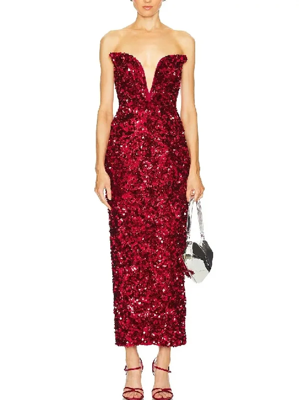 3D Long Red Strapless Sequin Dress Shimmer Sequin Dress