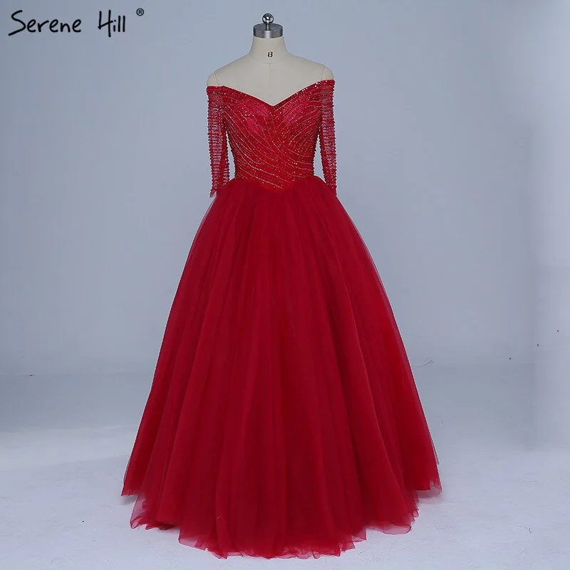 On Sale No Return No Refund Boat Neck Beading Sequined Tulle Evening Dresses Wine Red Sexy Bridal Evening Gown Robe De Soiree 2024 Real Photo LA6393 Metallic Sequin Dress