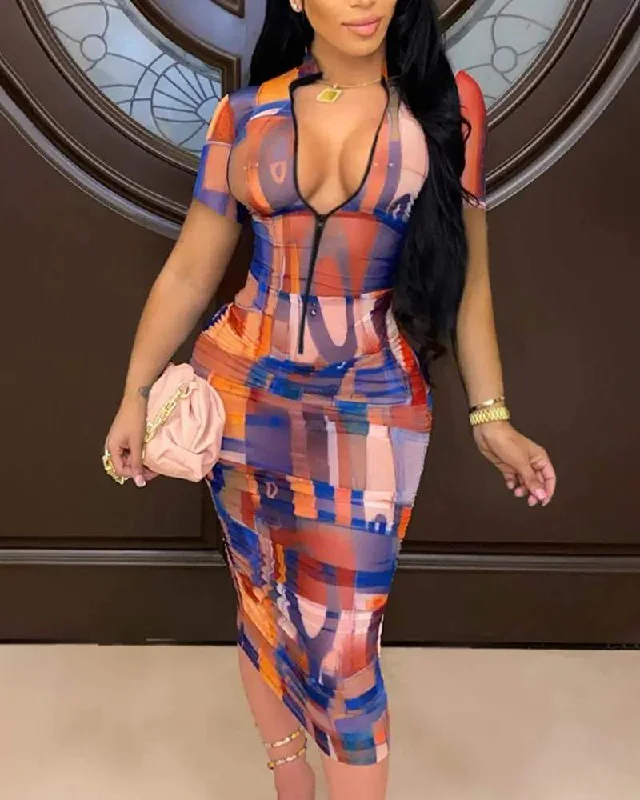 ABSTRACT PRINT ZIPPER DESIGN BODYCON DRESS Hot Bodycon Dress