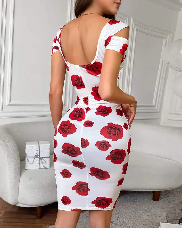 COLORBLOCK FLORAL PRINT COLD SHOULDER BODYCON DRESS Long Sleeve Bodycon