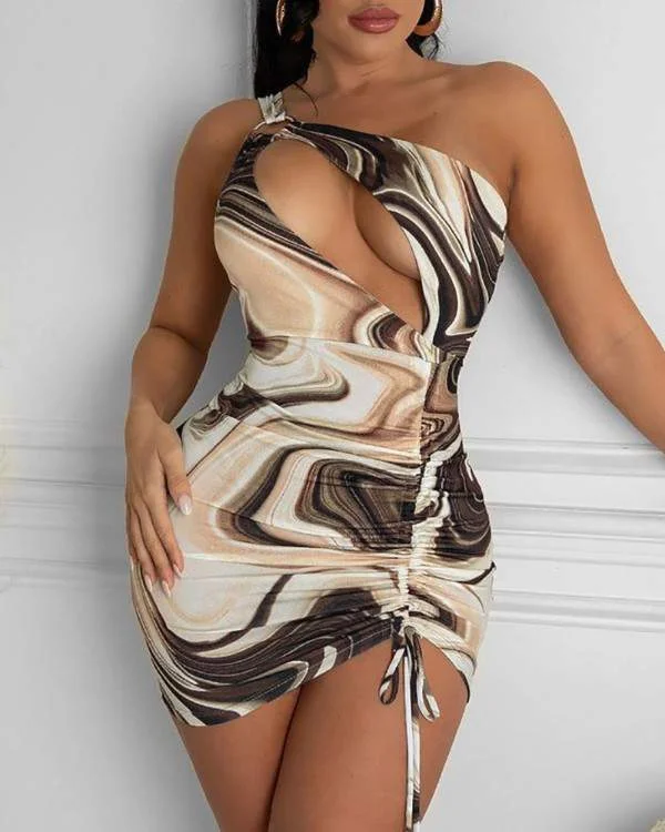 Colorblock One Shoulder Cutout Ruched Bodycon Dress Bold Bodycon Style