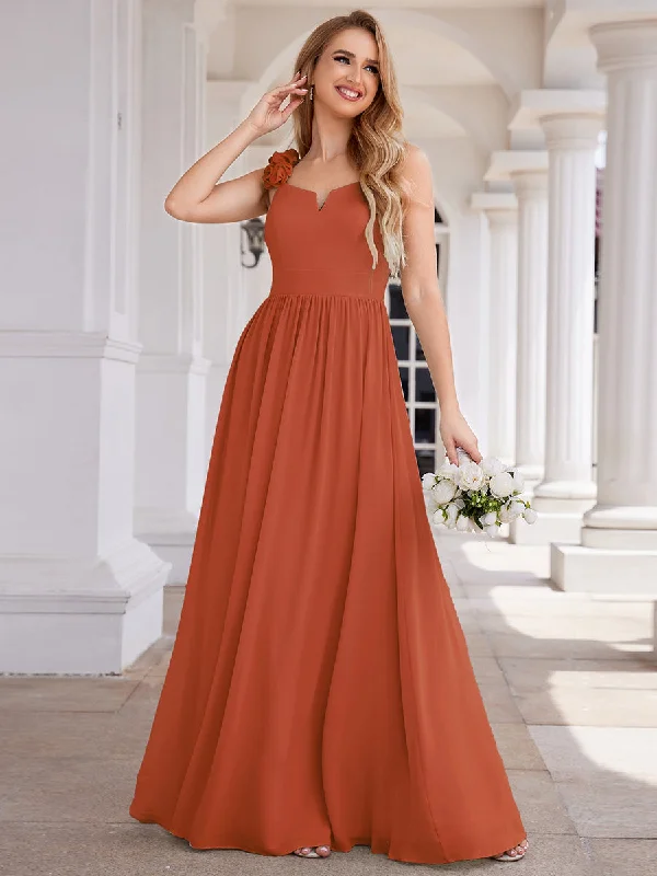 Elegant V-Neck Floral Strap Bodycon Chiffon Wholesale Bridesmaid Dress Sleeveless Bodycon Gown