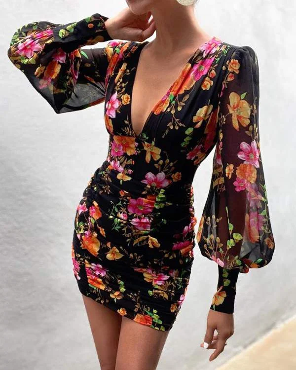 Floral Print Lantern Sleeve Ruched Bodycon Dress Summer Bodycon Dress