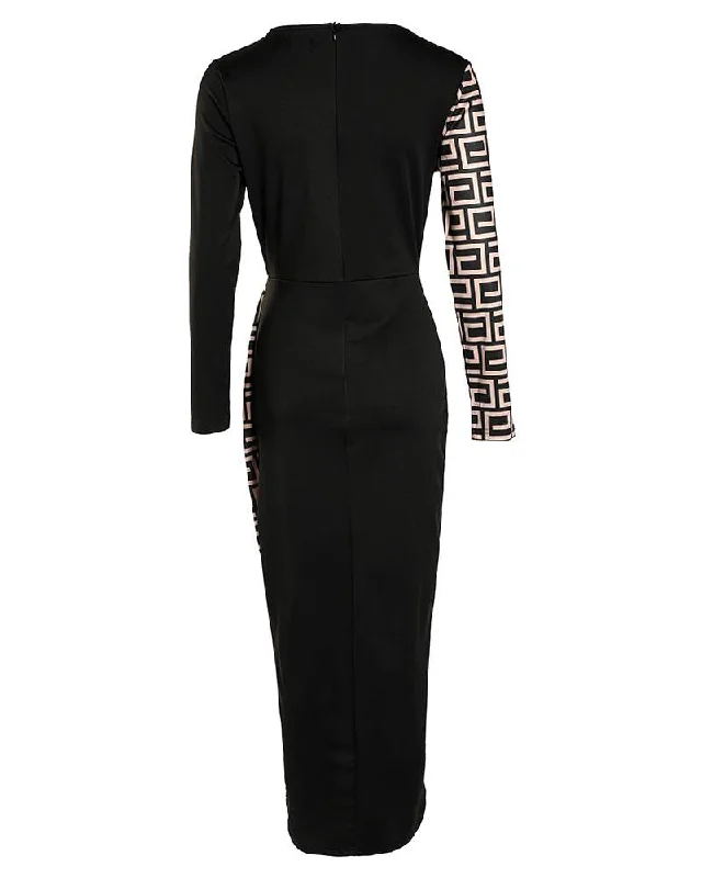 GEOMETRIC PRINT SPLIT THIGH PATCHWORK BODYCON DRESS Plunging Bodycon Dress