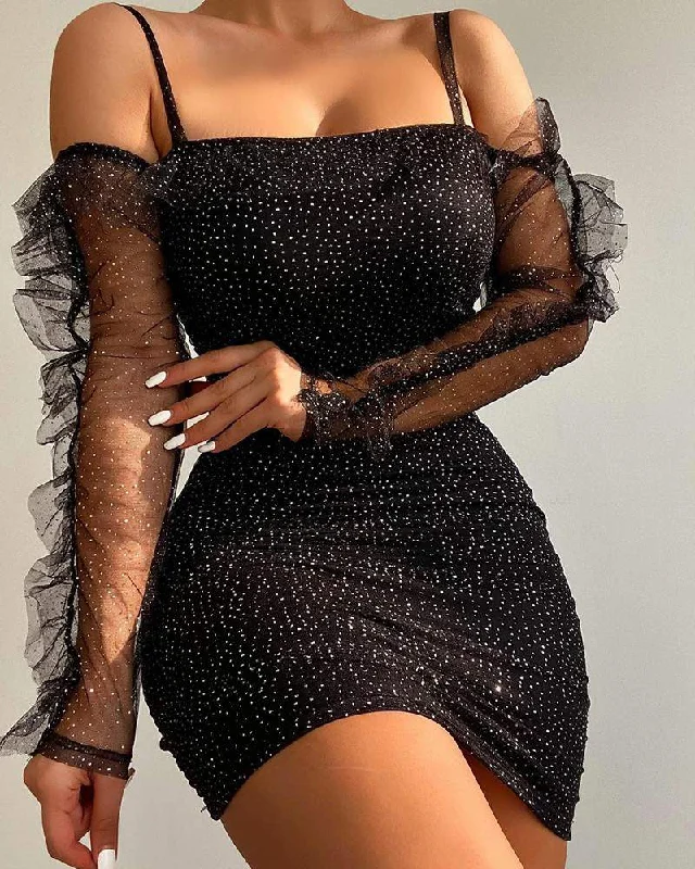 Glitter Contrast Mesh Bodycon Cami Dress Lace Detail Bodycon