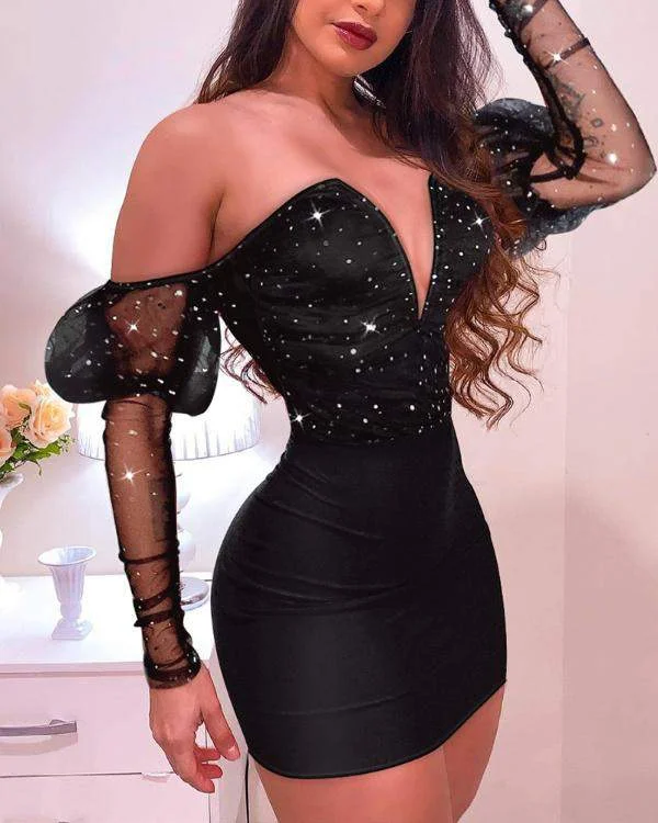 Glitter VCut Contrast Mesh Gigot Sleeve Bodycon Dress Bold Bodycon Dress