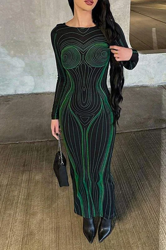 GRAPHIC BODYCON LONG DRESS Lace Trim Bodycon
